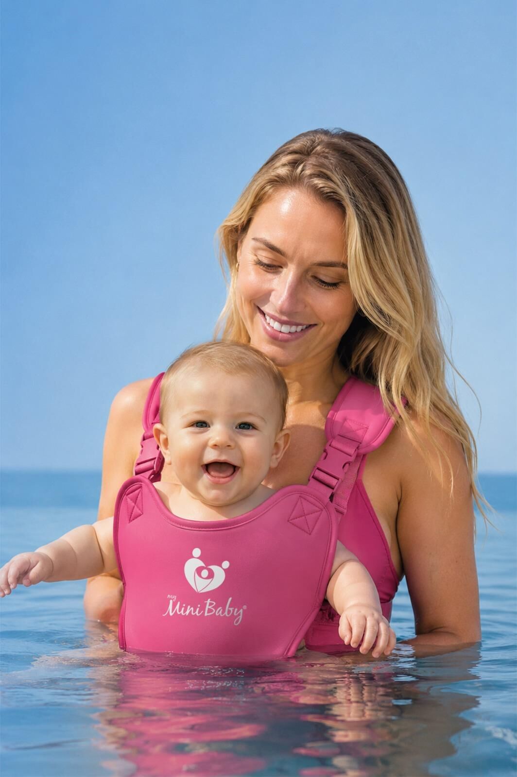 Myminibaby Neopren Bebek Taşıyıcı Kanguru - Islak ve Kuru Kullanım - Havuz, Plaj ve Günlük Kullanıma Uygun - Ayarlanabilir Omuz, Bel ve Yan Kemerli - 4-24 Ay / 6-15 kg - Taşıma Çantası Dahil Pembe