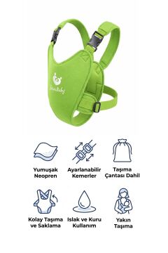 Myminibaby Neopren Bebek Taşıyıcı Kanguru - Islak ve Kuru Kullanım - Havuz, Plaj ve Günlük Kullanıma Uygun - Ayarlanabilir Omuz, Bel ve Yan Kemerli - 4-24 Ay / 6-15 kg - Taşıma Çantası Dahil Yeşil