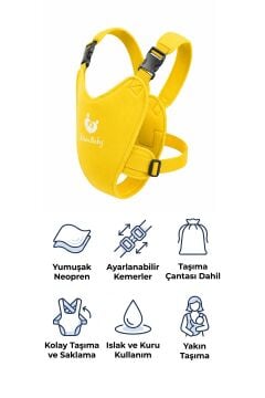 Myminibaby Neopren Bebek Taşıyıcı Kanguru - Islak ve Kuru Kullanım - Havuz, Plaj ve Günlük Kullanıma Uygun - Ayarlanabilir Omuz, Bel ve Yan Kemerli - 4-24 Ay / 6-15 kg - Taşıma Çantası Dahil Sarı
