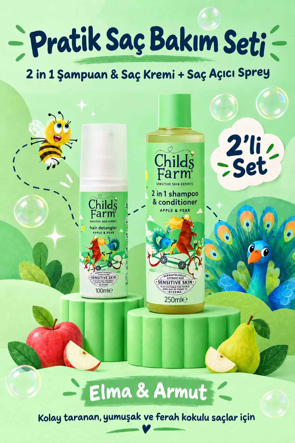 Childs Farm Elma ve Armut Özlü Avantajlı 2’li Saç Bakım Seti – Şampuan&Saç Kremi+Kolay Tarama Spreyi
