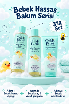 Childs Farm Aloe Vera ve Salatalık Özlü Avantajlı 3’lü Bebek Banyo ve Bakım Seti – Saç ve Vücut Şampuanı + Banyo Köpüğü + Nemlendirici