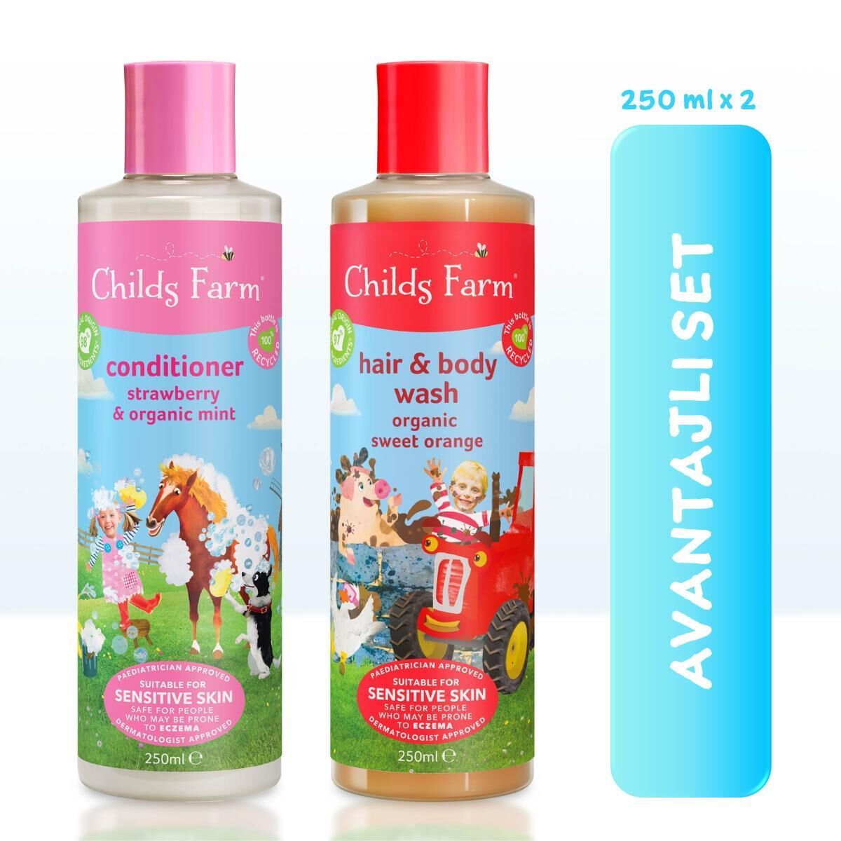 Avantajlı Paket 2'li Tatlı Portakal Özlü Çocuk Şampuan ve Çilek Özlü Saç Kremi (250ml 2 adet)