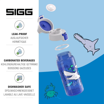 SIGG Köpek Balığı Sızdırmaz Kapak Çocuk Okul Suluğu 0.5 L – BPA Free – Viva One Sharkies